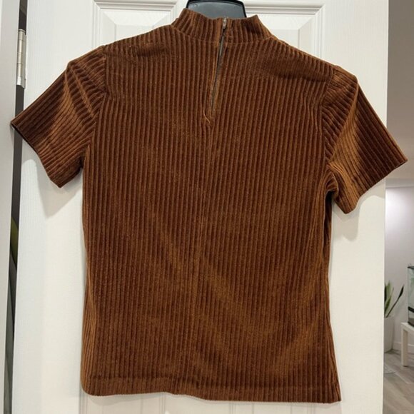 Vintage Brown Corduroy Texture High Collar Velvety Blouse No Label Fits Medium - Picture 2 of 4